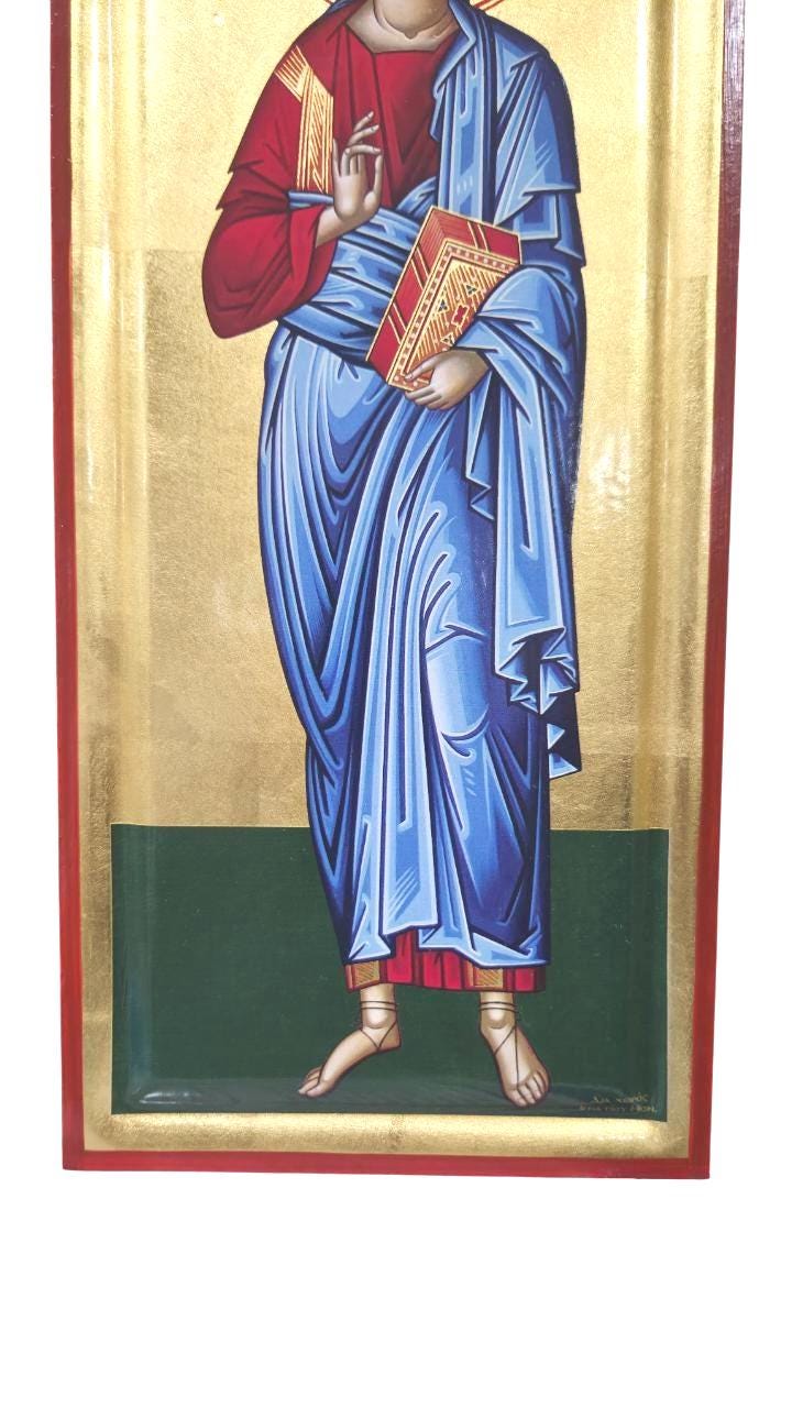 Greek Orthodox Icon Jesus Christ Blessing | 16"x7.25" Gilded Canvas | Gold Leaf Wall Art | Handcrafted Religious Icon | Vivid Colors