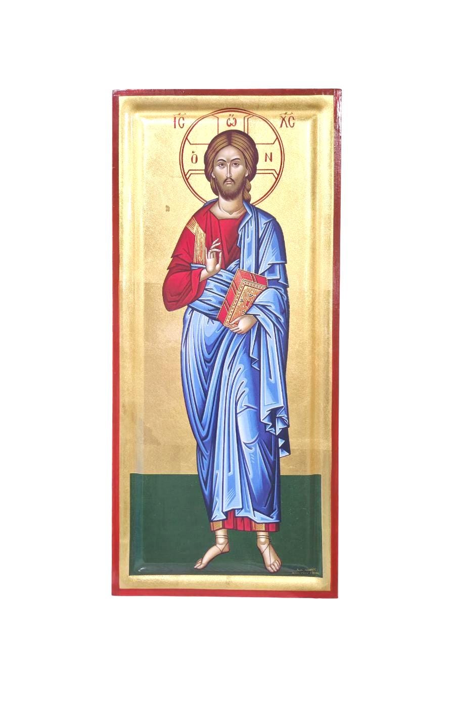 Greek Orthodox Icon Jesus Christ Blessing | 16"x7.25" Gilded Canvas | Gold Leaf Wall Art | Handcrafted Religious Icon | Vivid Colors
