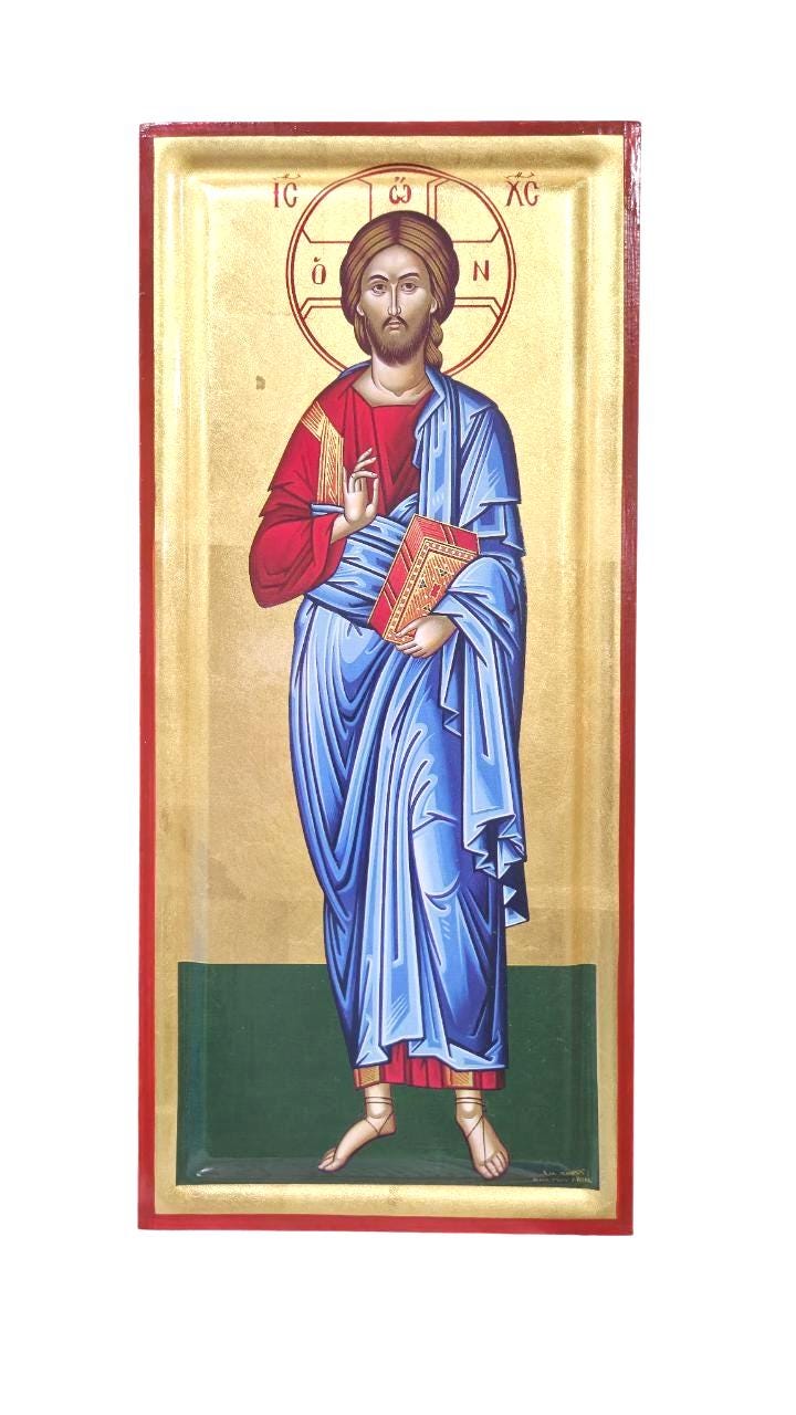 Greek Orthodox Icon Jesus Christ Blessing | 16"x7.25" Gilded Canvas | Gold Leaf Wall Art | Handcrafted Religious Icon | Vivid Colors