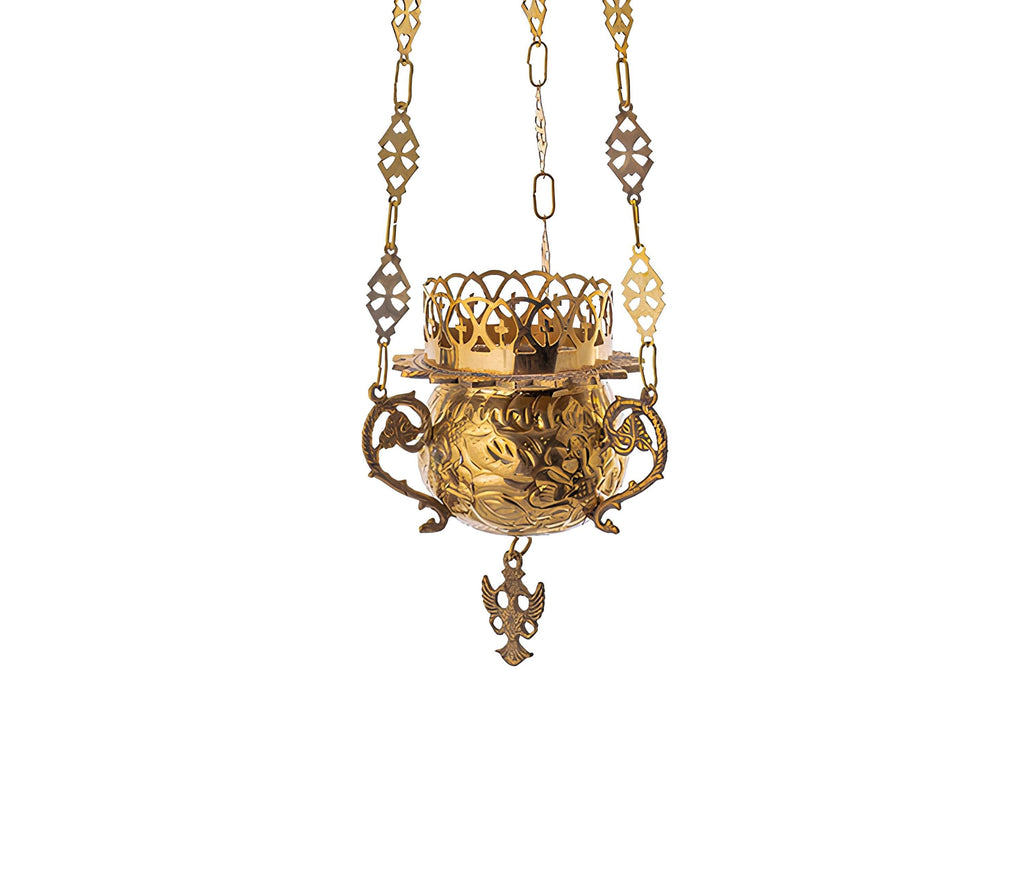 Greek Orthodox Hanging Vigil Oil Lamp – Brass Burner with Handmade Engraved Floral Design Glass Cup Prayer Corner Altar Lighn Burner Lantern
