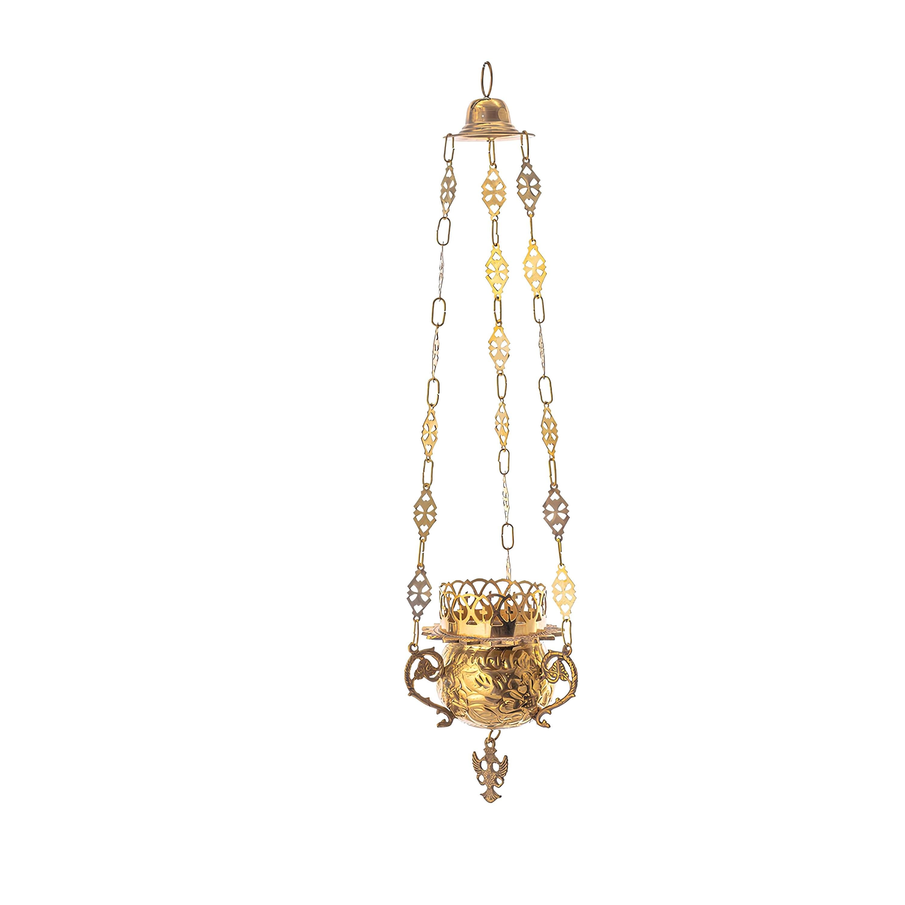 Greek Orthodox Hanging Vigil Oil Lamp – Brass Burner with Handmade Engraved Floral Design Glass Cup Prayer Corner Altar Lighn Burner Lantern