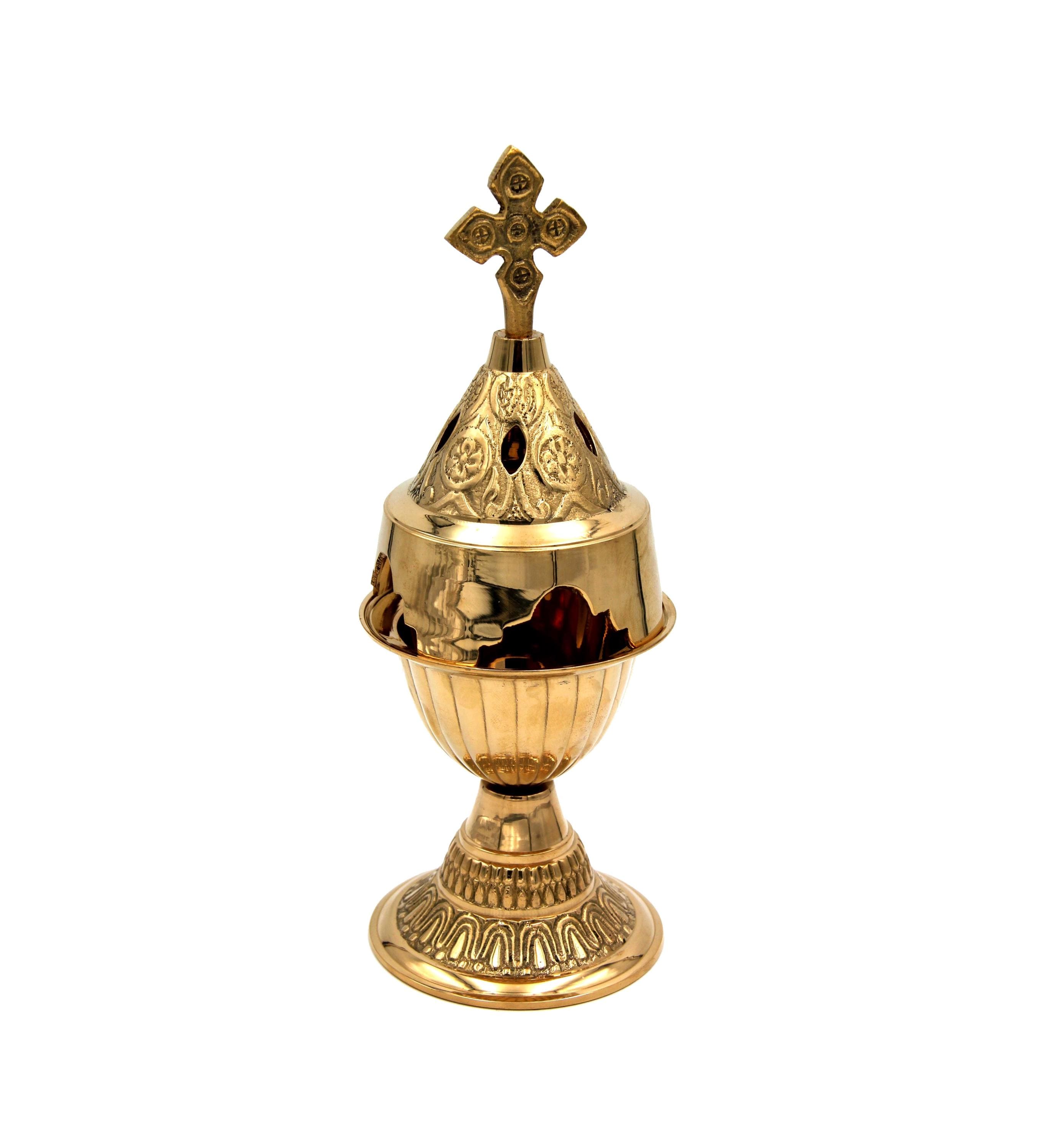 8" Greek Orthodox Givil Oil Lamp | Brass Engraved Floral Design | Cross Top | Glass Votive Included | Prayer Corner Altar Light 20cm