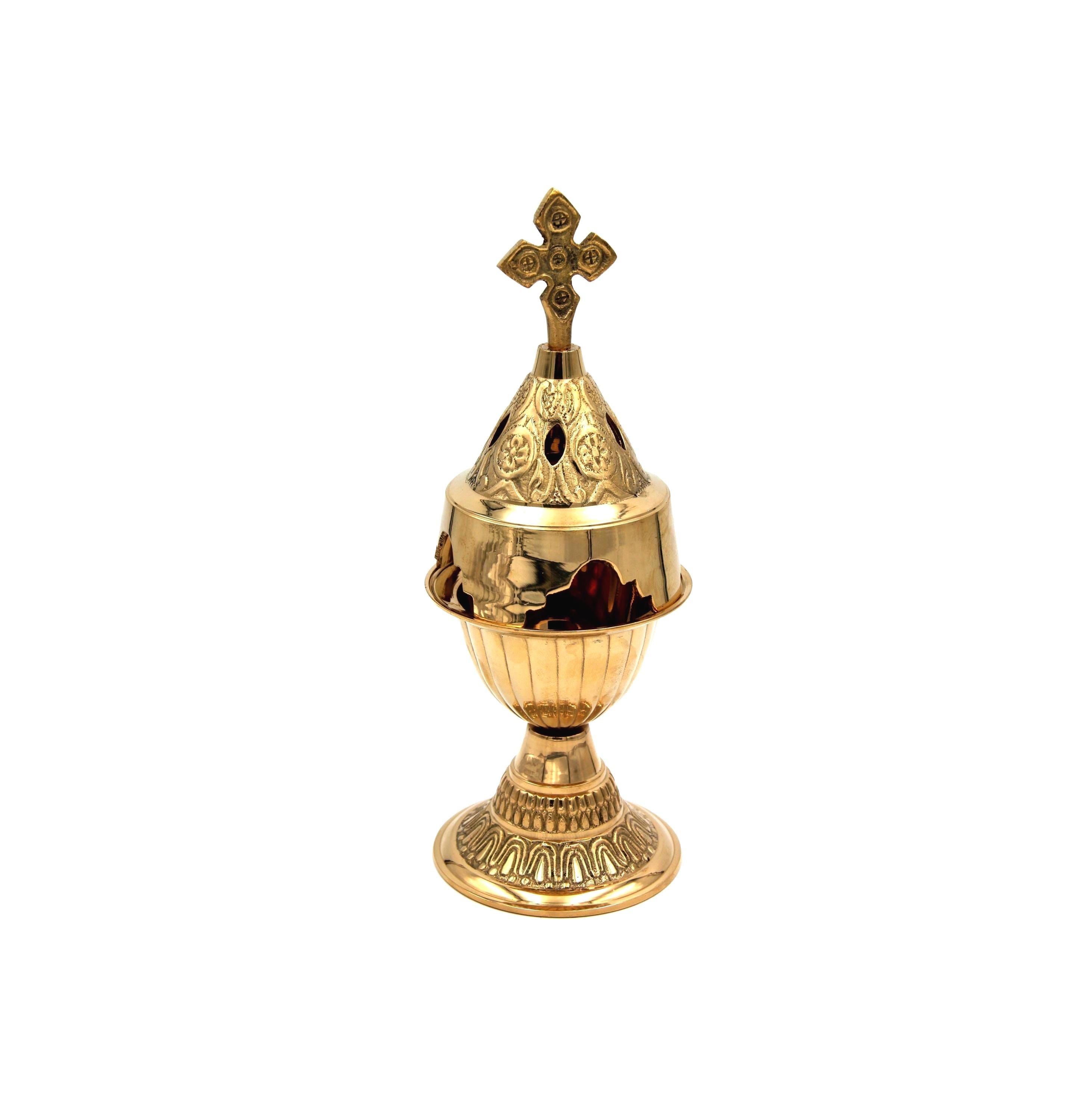 8" Greek Orthodox Givil Oil Lamp | Brass Engraved Floral Design | Cross Top | Glass Votive Included | Prayer Corner Altar Light 20cm