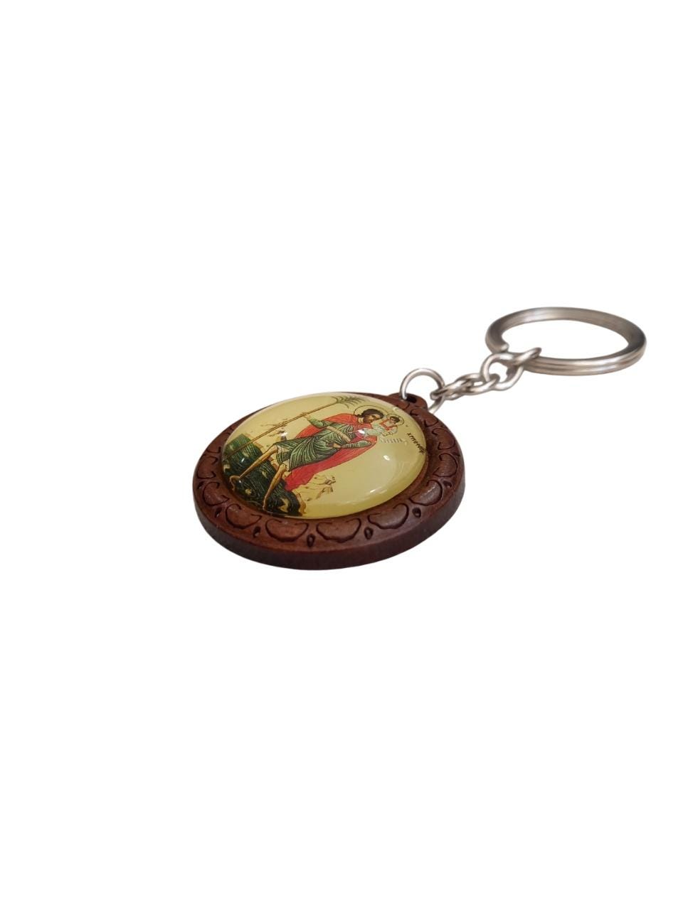 Saint Christopher Icon Keychain | Greek Orthodox Round Wooden Key Ring | Byzantine Christian Gift | Religious Travel Protection