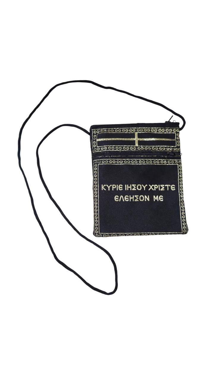 Greek Orthodox Prayer Pouch | Black Zipper Bag | Jesus Prayer ICXP NIKA | Golden Thread Design | Prayer Rope Case | String Purse