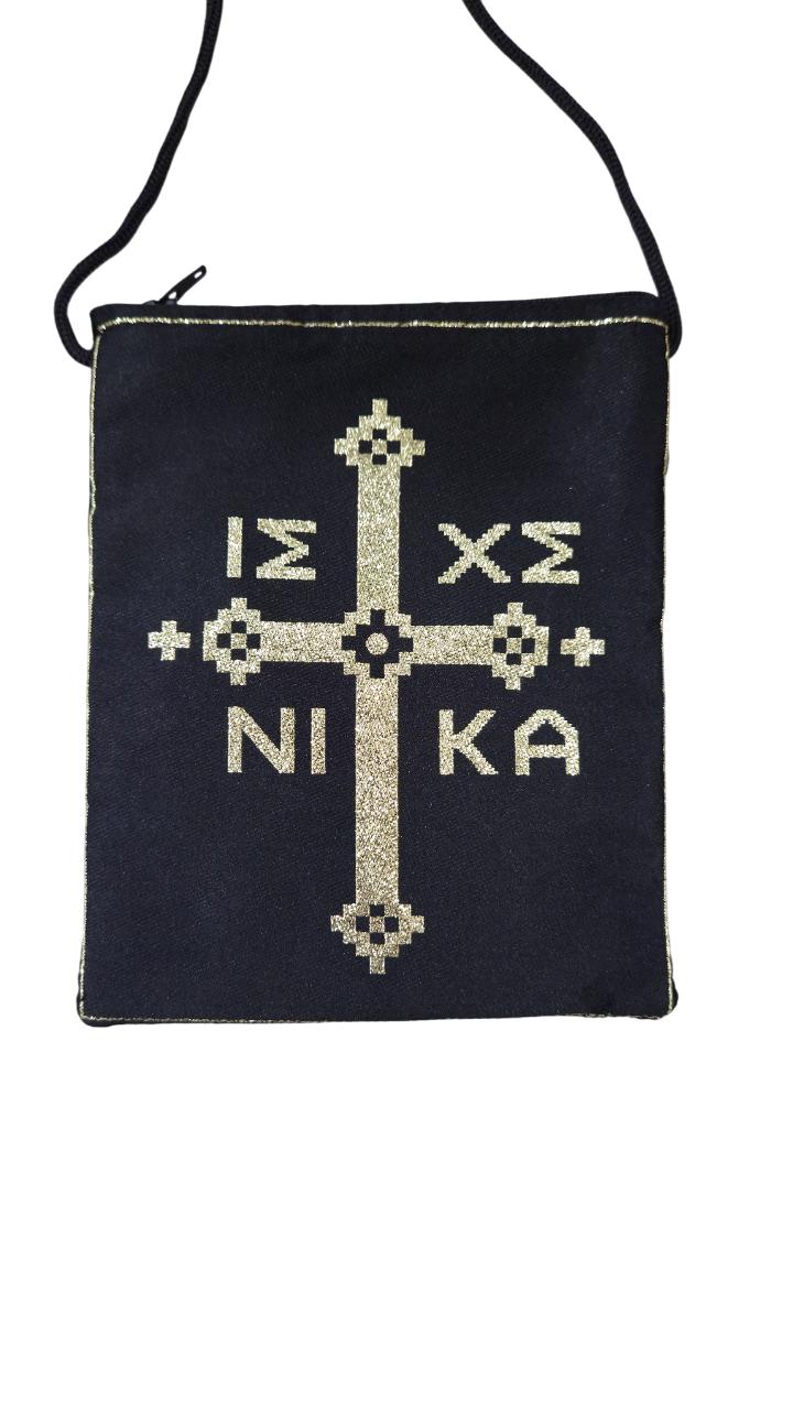 Greek Orthodox Prayer Pouch | Black Zipper Bag | Jesus Prayer ICXP NIKA | Golden Thread Design | Prayer Rope Case | String Purse