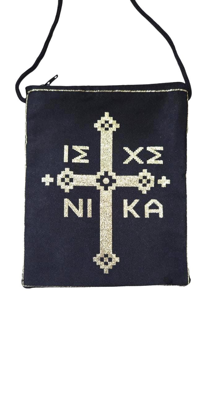 Greek Orthodox Prayer Pouch | Black Zipper Bag | Jesus Prayer ICXP NIKA | Golden Thread Design | Prayer Rope Case | String Purse