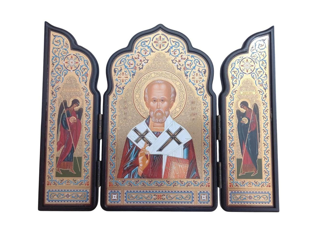 11 1/4" Saint Nicholas Triptych Icon – Archangels Michael and  St.Raphael – Vivid Colors – Gilded Wooden Icon– Greek & Slavonic Script 29cm
