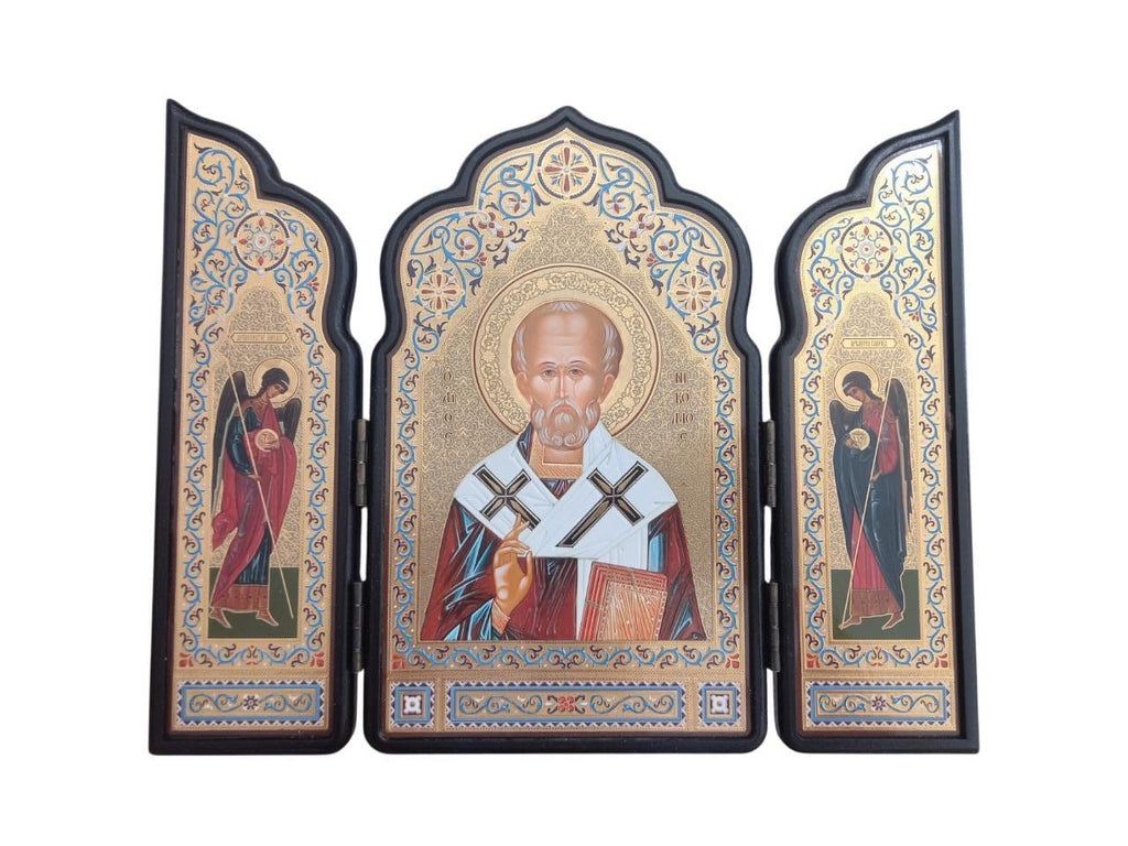 11 1/4" Saint Nicholas Triptych Icon – Archangels Michael and  St.Raphael – Vivid Colors – Gilded Wooden Icon– Greek & Slavonic Script 29cm