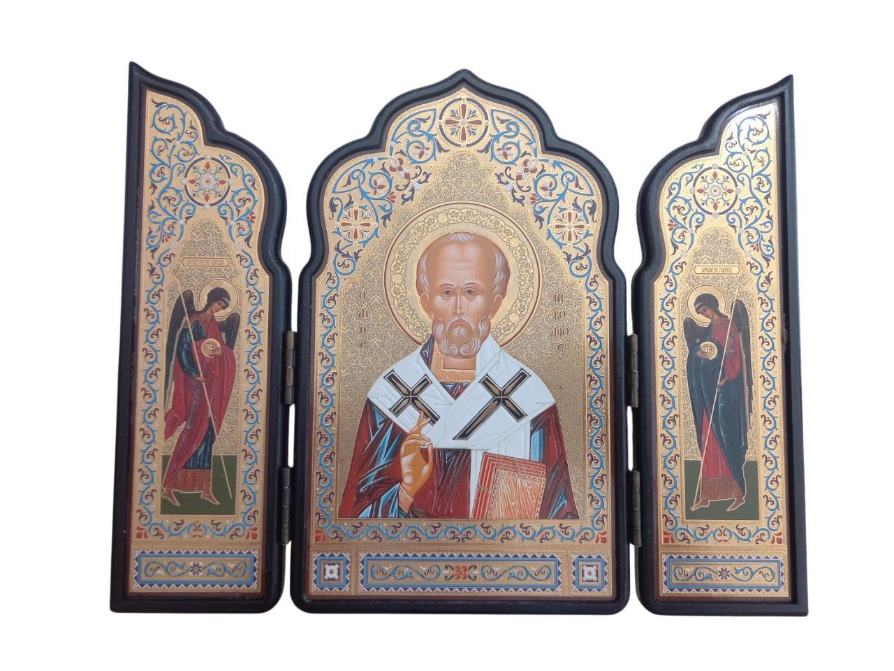 11 1/4" Saint Nicholas Triptych Icon – Archangels Michael and  St.Raphael – Vivid Colors – Gilded Wooden Icon– Greek & Slavonic Script 29cm