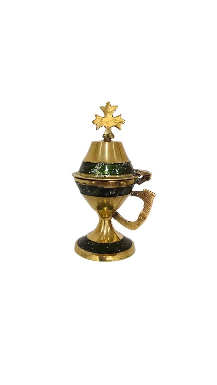 4 1/8" Small Brass Censer with Cross – Green Glitter Handmade Incense Burner – Orthodox Frankincense Holder 10.6cm