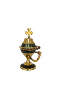 4 1/8" Small Brass Censer with Cross – Green Glitter Handmade Incense Burner – Orthodox Frankincense Holder 10.6cm