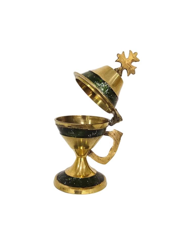 4 1/8" Small Brass Censer with Cross – Green Glitter Handmade Incense Burner – Orthodox Frankincense Holder 10.6cm