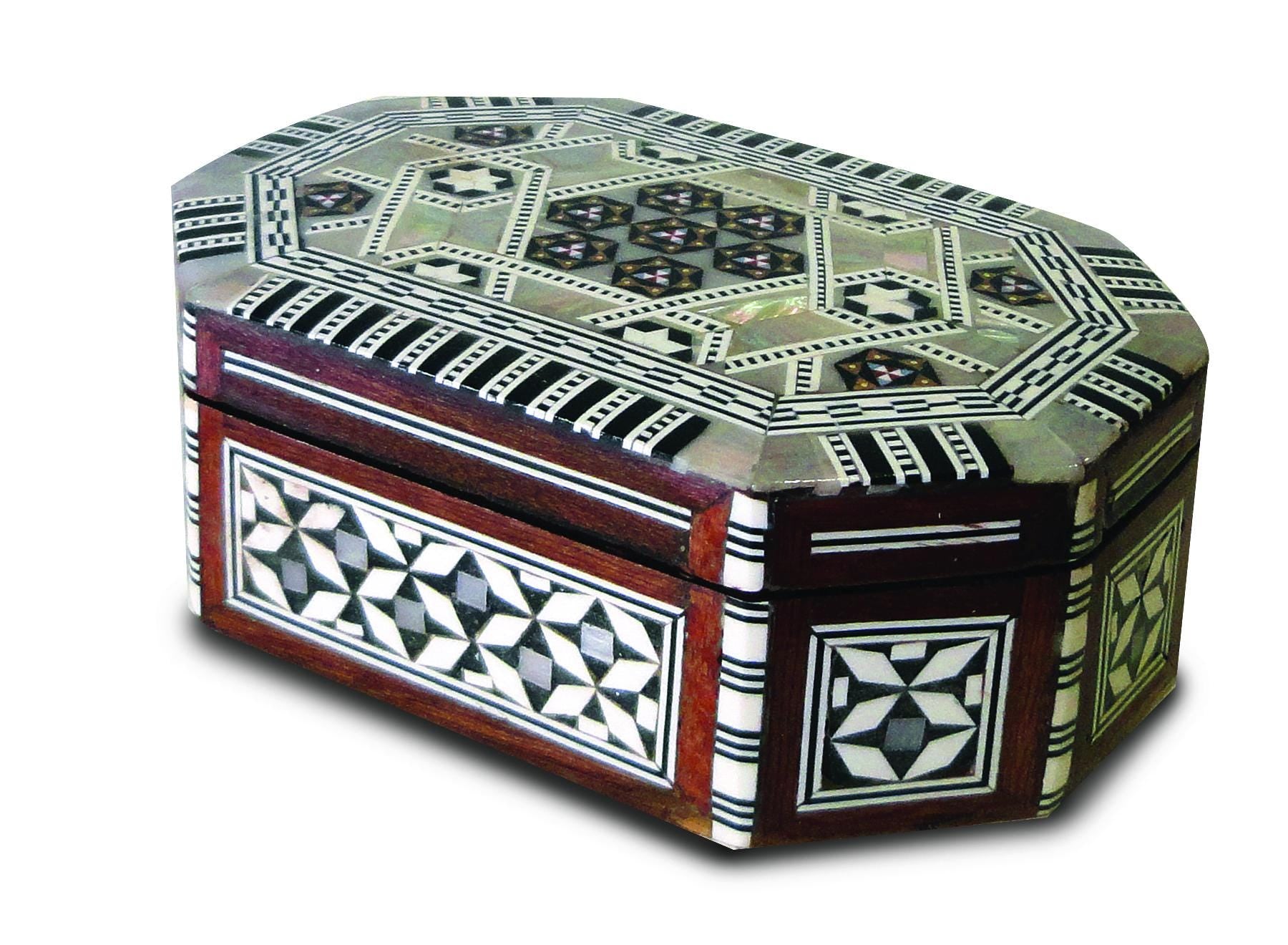 Handmade Wooden Relic Case Jewlery Box Trunk Velvet Lined Mother of Pearl Inlay Square Hexagonal Various Sizes