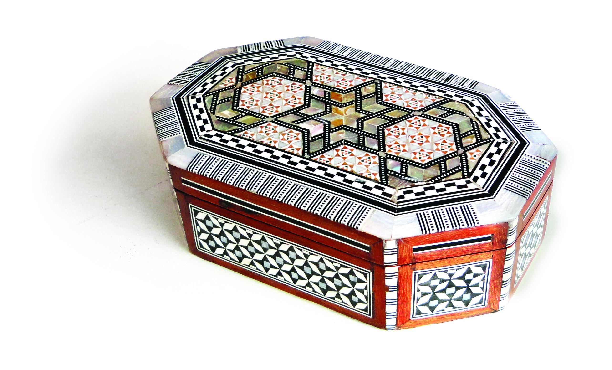 Handmade Wooden Relic Case Jewlery Box Trunk Velvet Lined Mother of Pearl Inlay Square Hexagonal Various Sizes