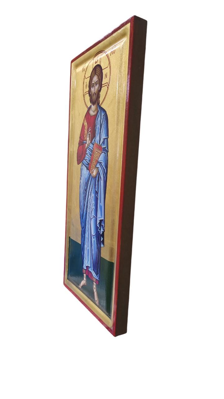 Greek Orthodox Icon Jesus Christ Blessing | 16"x7.25" Gilded Canvas | Gold Leaf Wall Art | Handcrafted Religious Icon | Vivid Colors