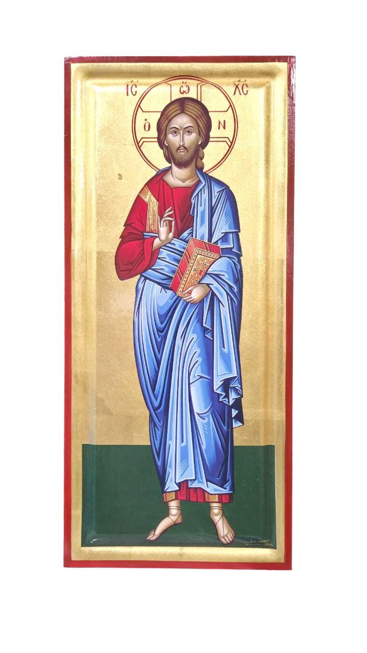 Greek Orthodox Icon Jesus Christ Blessing | 16"x7.25" Gilded Canvas | Gold Leaf Wall Art | Handcrafted Religious Icon | Vivid Colors