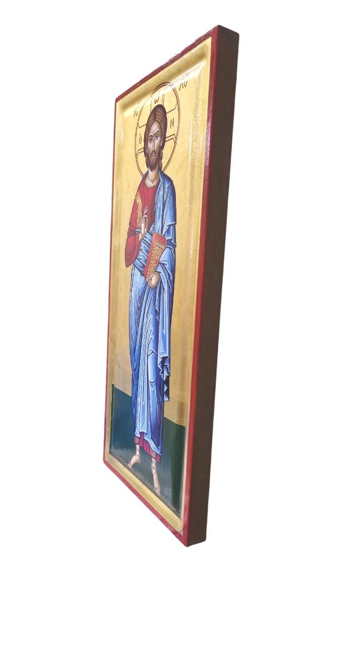 Greek Orthodox Icon Jesus Christ Blessing | 16"x7.25" Gilded Canvas | Gold Leaf Wall Art | Handcrafted Religious Icon | Vivid Colors