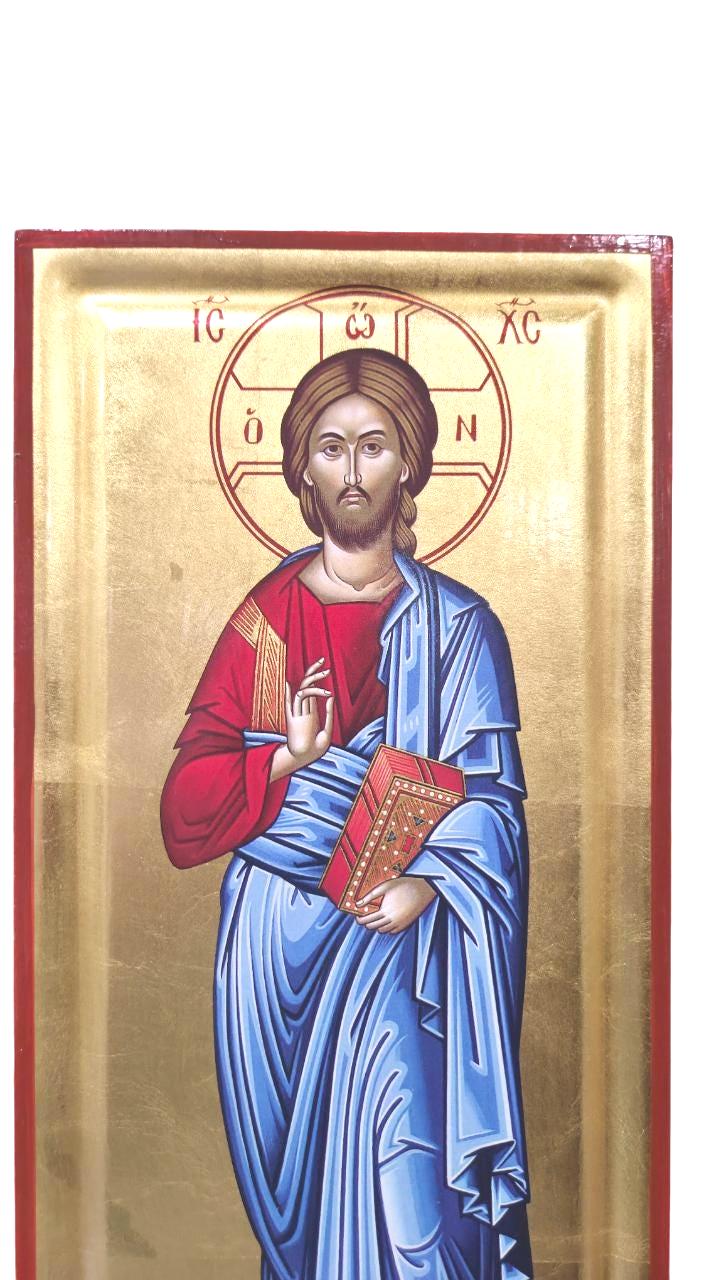 Greek Orthodox Icon Jesus Christ Blessing | 16"x7.25" Gilded Canvas | Gold Leaf Wall Art | Handcrafted Religious Icon | Vivid Colors