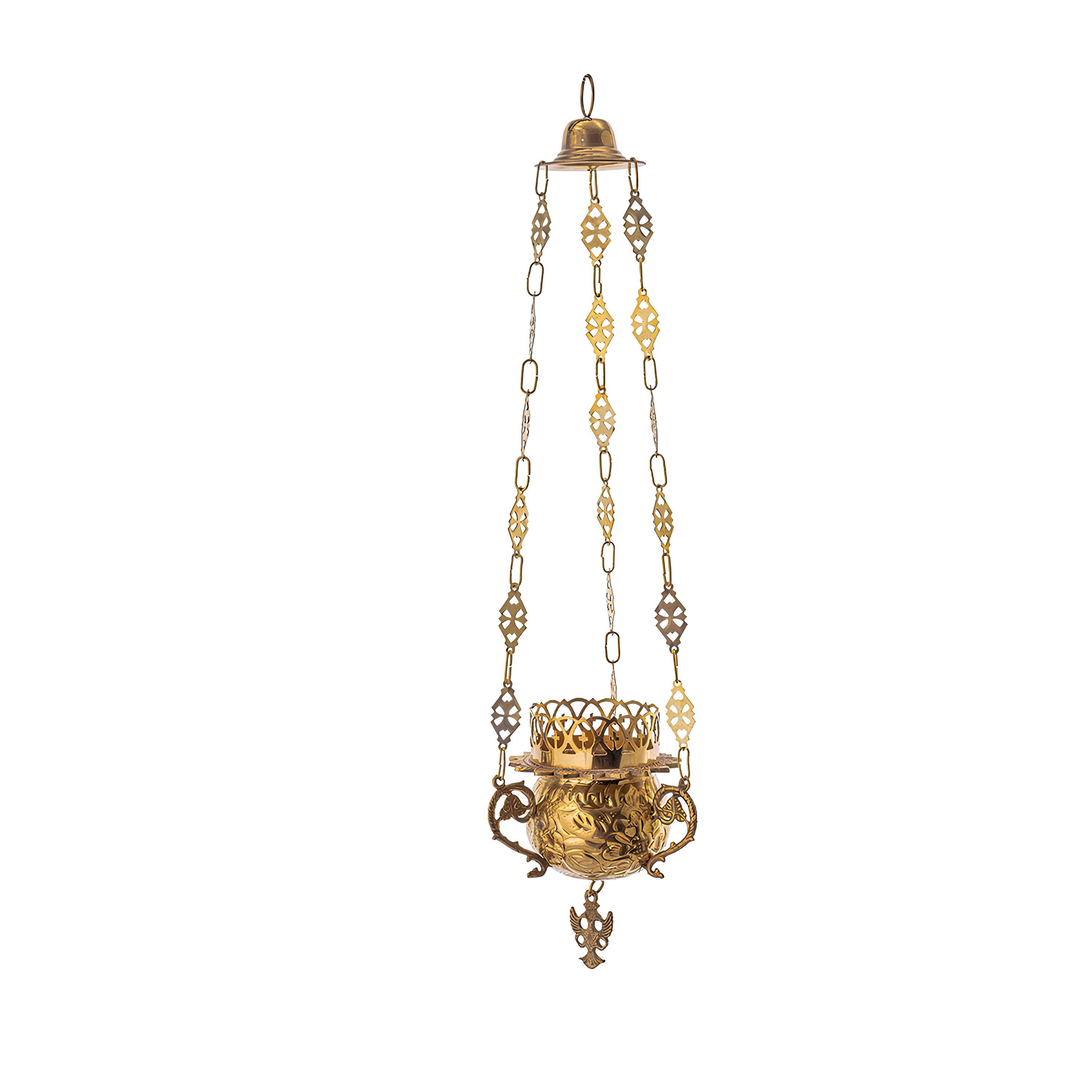 Greek Orthodox Hanging Vigil Oil Lamp – Brass Burner with Handmade Engraved Floral Design Glass Cup Prayer Corner Altar Lighn Burner Lantern