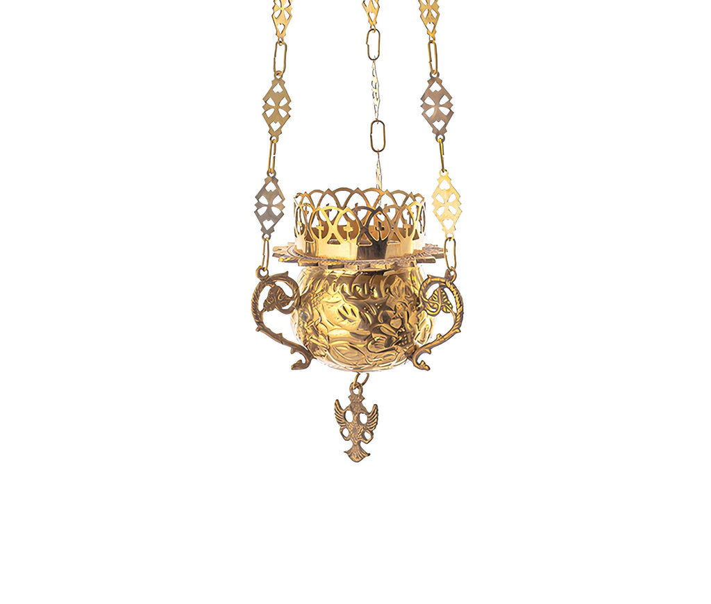 Greek Orthodox Hanging Vigil Oil Lamp – Brass Burner with Handmade Engraved Floral Design Glass Cup Prayer Corner Altar Lighn Burner Lantern