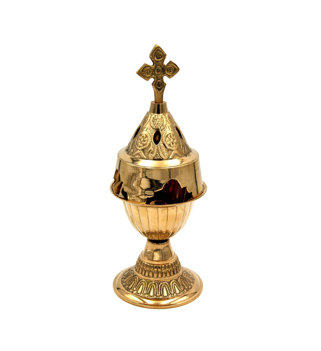 8" Greek Orthodox Givil Oil Lamp | Brass Engraved Floral Design | Cross Top | Glass Votive Included | Prayer Corner Altar Light 20cm
