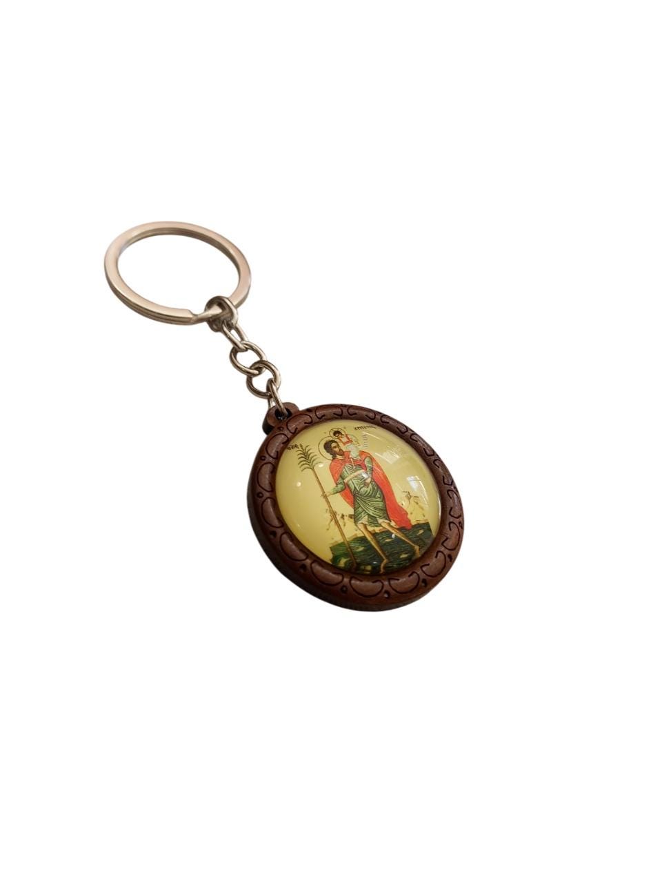 Saint Christopher Icon Keychain | Greek Orthodox Round Wooden Key Ring | Byzantine Christian Gift | Religious Travel Protection