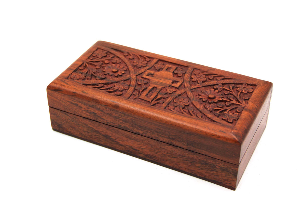 Hand-Carved Wooden Rectangle Box Chest | Floral Cross Design | Relic & Incense Storage | Sanctified Objects Case | Natural Brown Wood