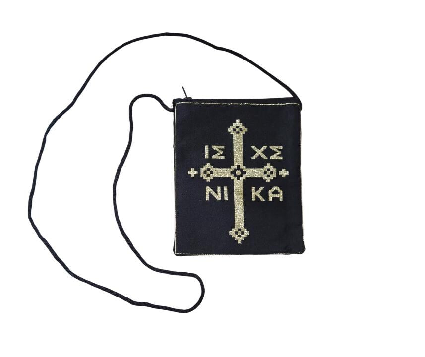 Greek Orthodox Prayer Pouch | Black Zipper Bag | Jesus Prayer ICXP NIKA | Golden Thread Design | Prayer Rope Case | String Purse