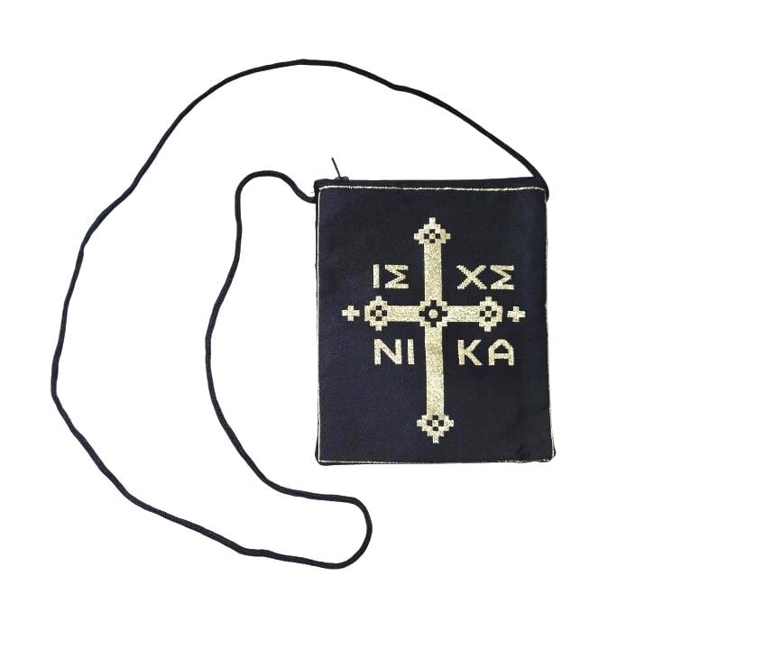 Greek Orthodox Prayer Pouch | Black Zipper Bag | Jesus Prayer ICXP NIKA | Golden Thread Design | Prayer Rope Case | String Purse