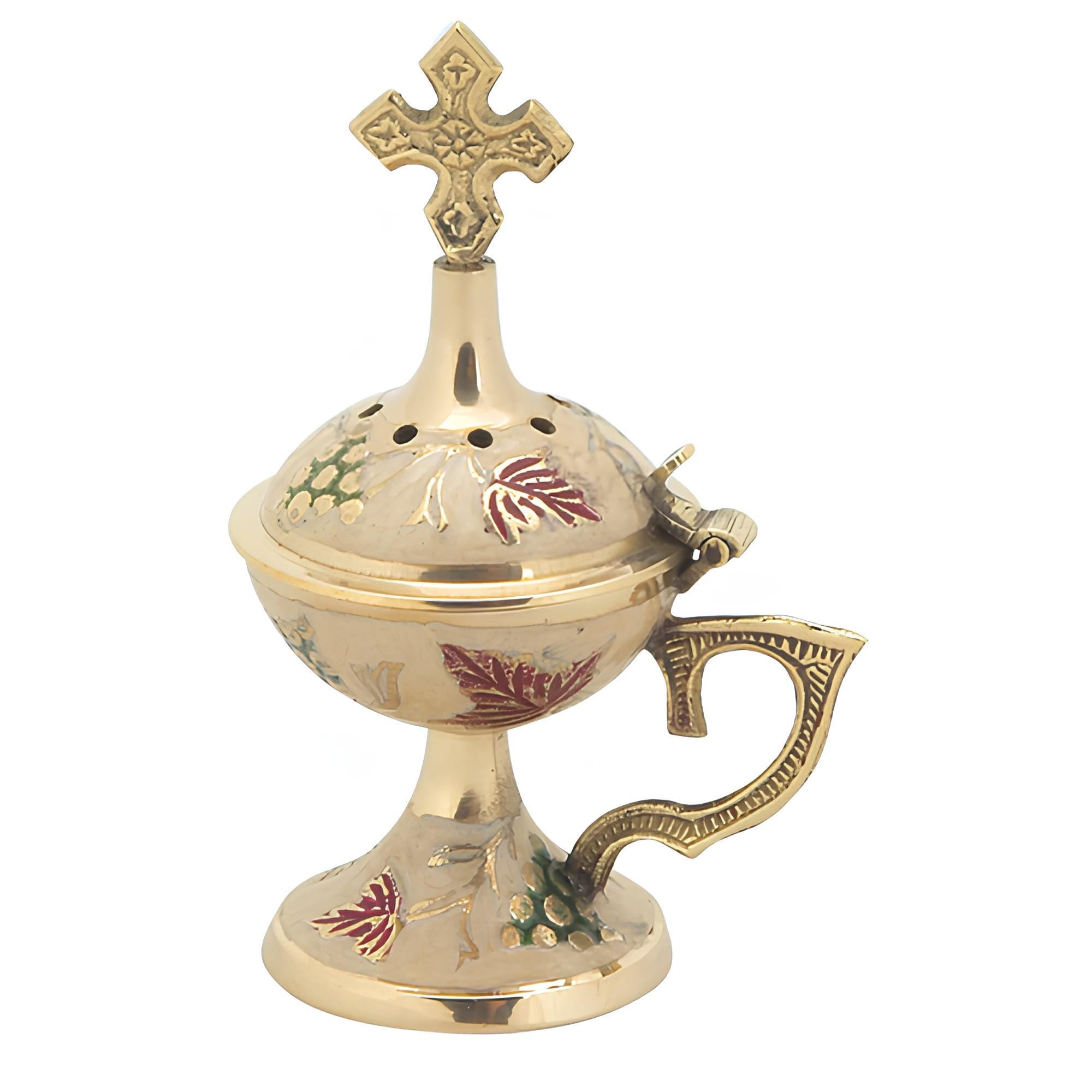 Brass Handpainted Handmade Censer with Cross Grapes & Vine Design Standing 5x3.25” Beige Red Green – Engraved Greek Orthodox Incense Burner