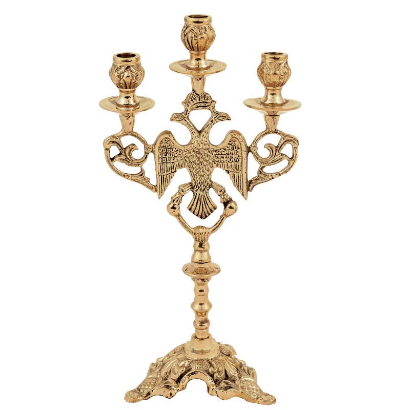 Brass 3 Candle Holder Byzantine Double-Headed Eagle Greek Altar Prayer Corner Candleholder for Beeswax Paraffin Candles 11mm Candle Diameter