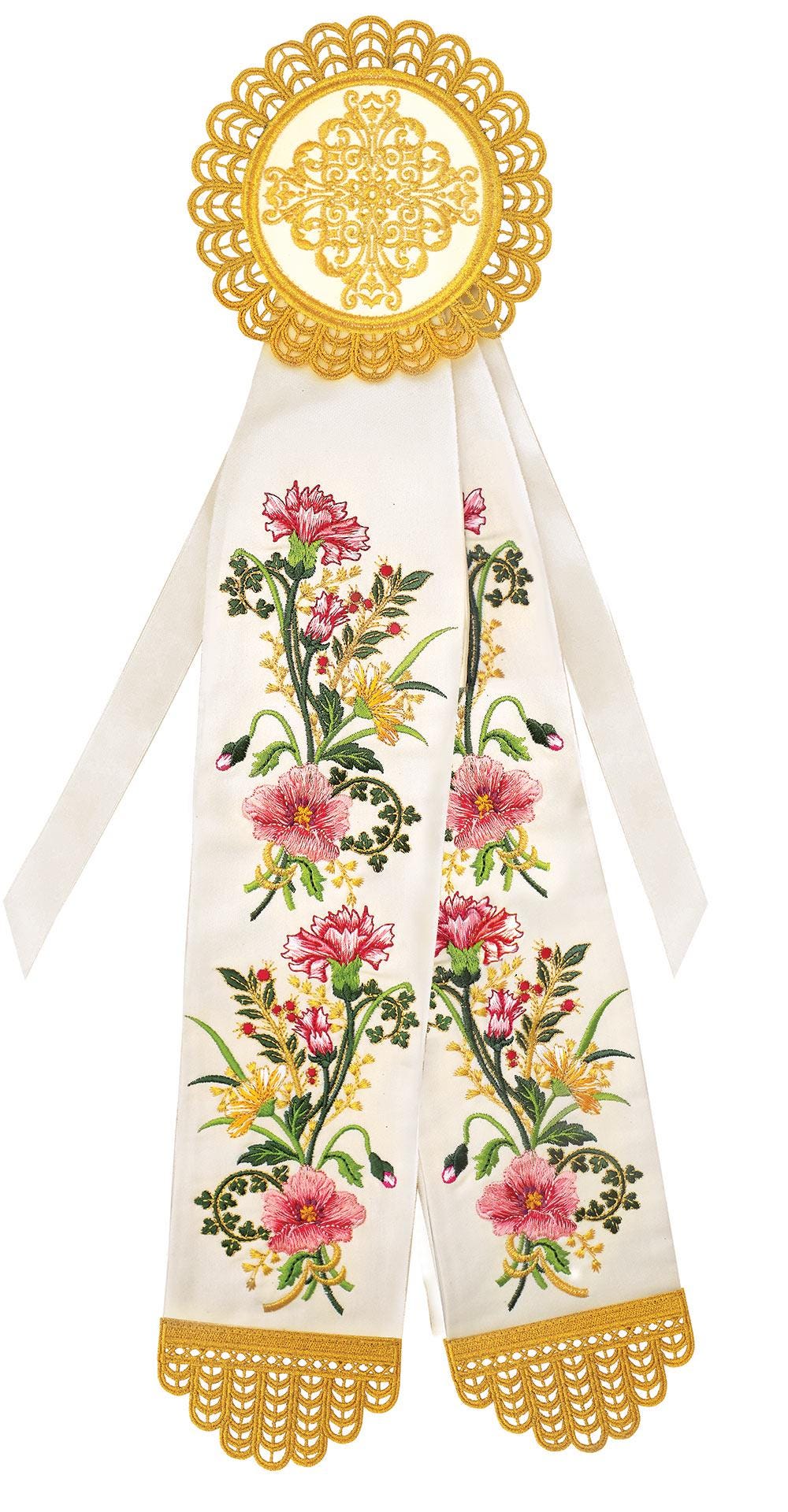 Greek Orthodox Dikerotrikeron Ribbon – 25" White with Floral Embroidery, Gold Thread, Cross Top, Church Altar Wall Decoration 65cm