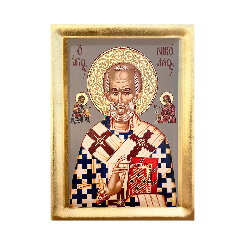 Saint Nicholas Greek Orthodox Icon 7.5"x6" | Gilded Gold Wooden Icon | Wall or Standing | Handmade in Greece | Religious Gift