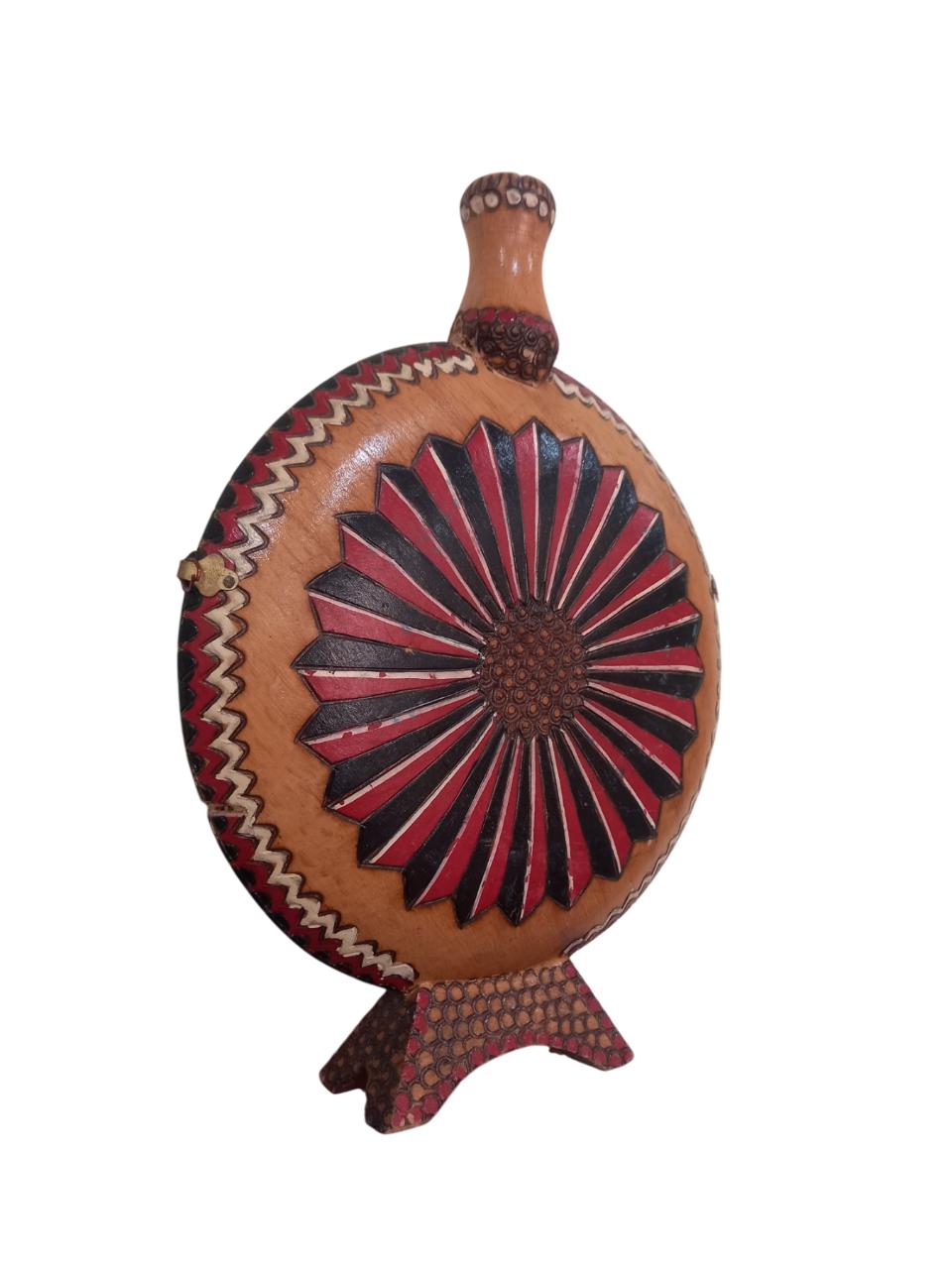 10 1/2" Vintage Wooden Water Flask – Handcarved & Handpainted, Dancing Couple Art, Old Travel Canteen, Decorative, Round Display Bottle 26cm