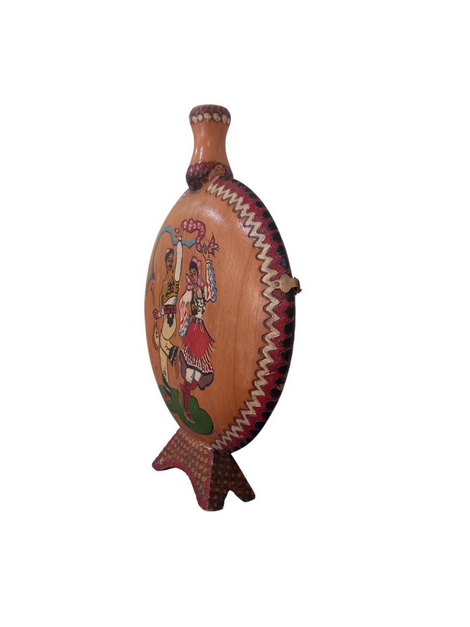 10 1/2" Vintage Wooden Water Flask – Handcarved & Handpainted, Dancing Couple Art, Old Travel Canteen, Decorative, Round Display Bottle 26cm