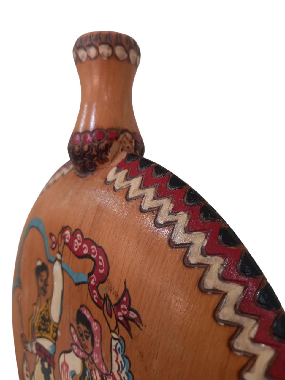 10 1/2" Vintage Wooden Water Flask – Handcarved & Handpainted, Dancing Couple Art, Old Travel Canteen, Decorative, Round Display Bottle 26cm