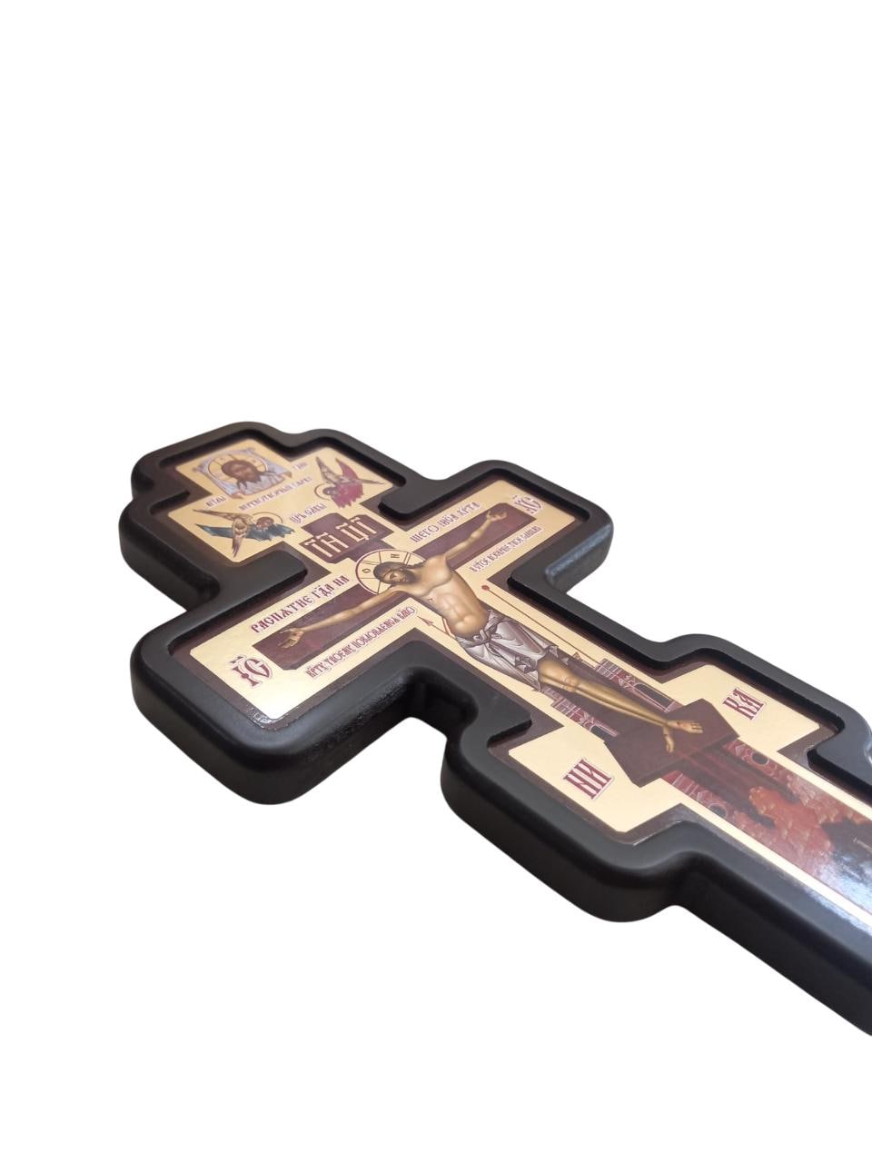 Slavonic MDF Wall Cross Black Wood Crucifixion Byzantine Gilded Icon Mandylion Angels Prayer Corner Altar Russain Orthodox Cross