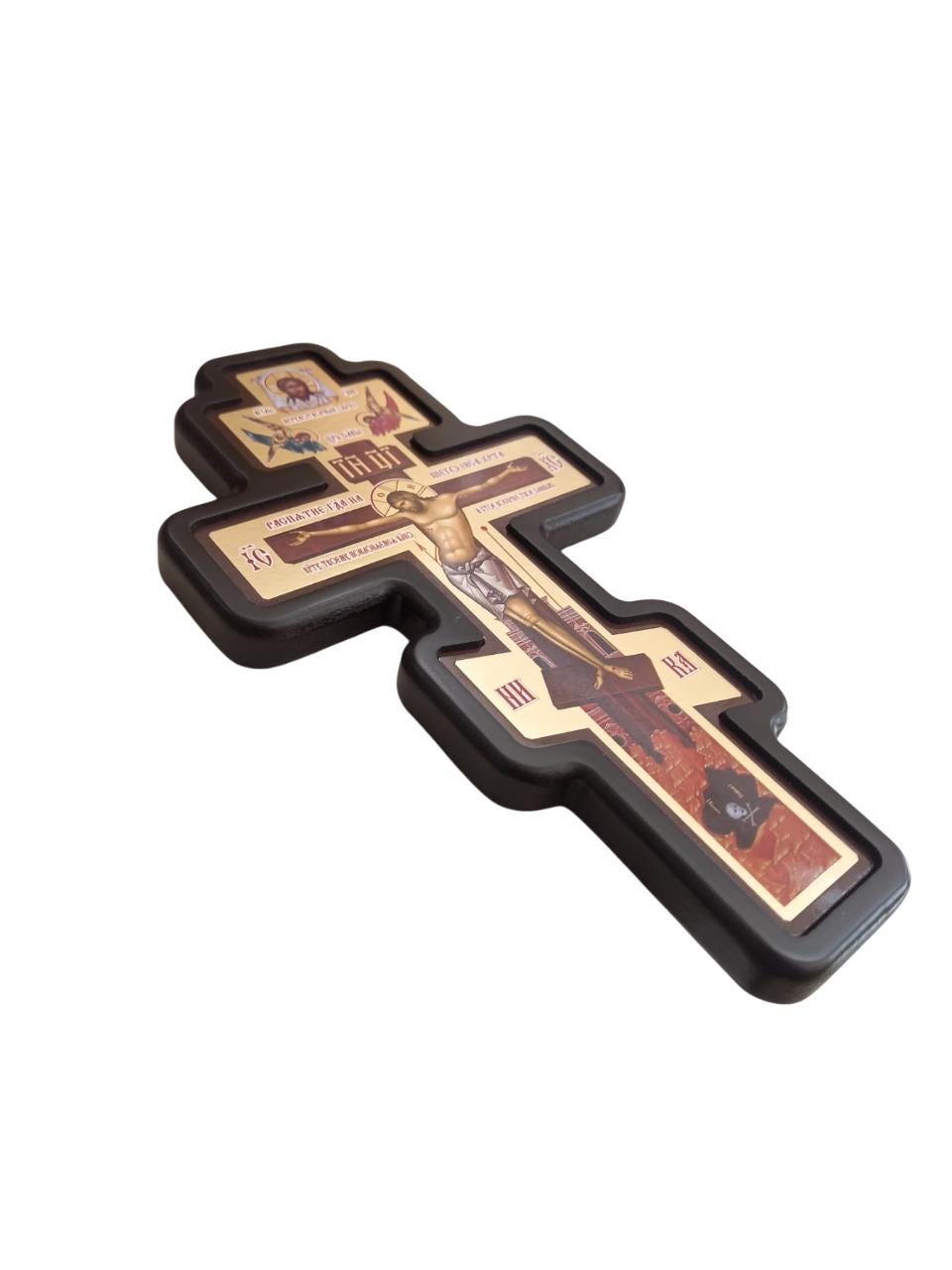 Slavonic MDF Wall Cross Black Wood Crucifixion Byzantine Gilded Icon Mandylion Angels Prayer Corner Altar Russain Orthodox Cross