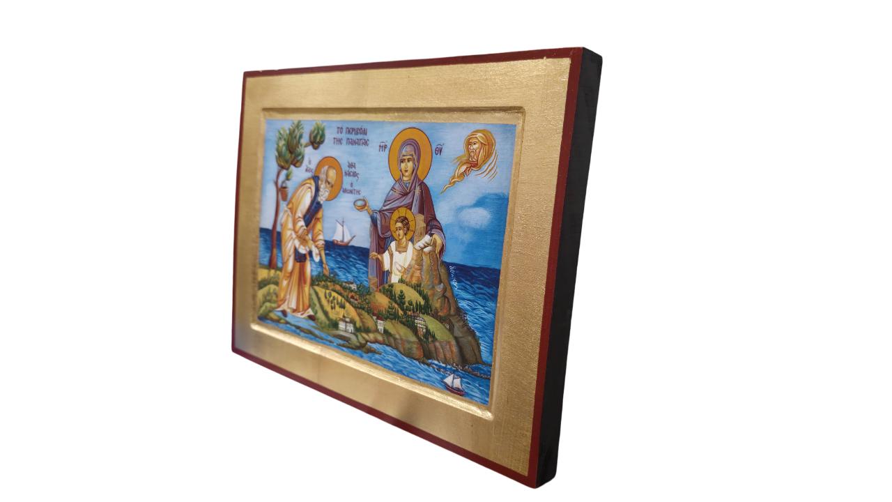 12 1/4" Mount Athos Monasticism Icon St. Athanasios the Athonite Greek Orthodox Wall Icon Theotokos Jesus Blessing Gold Leaf Art 31cm