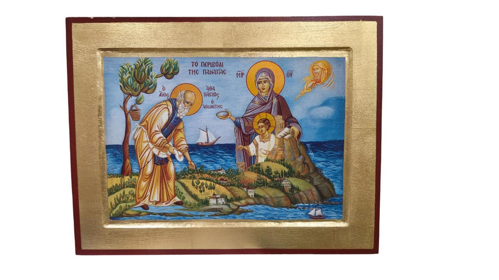 12 1/4" Mount Athos Monasticism Icon St. Athanasios the Athonite Greek Orthodox Wall Icon Theotokos Jesus Blessing Gold Leaf Art 31cm