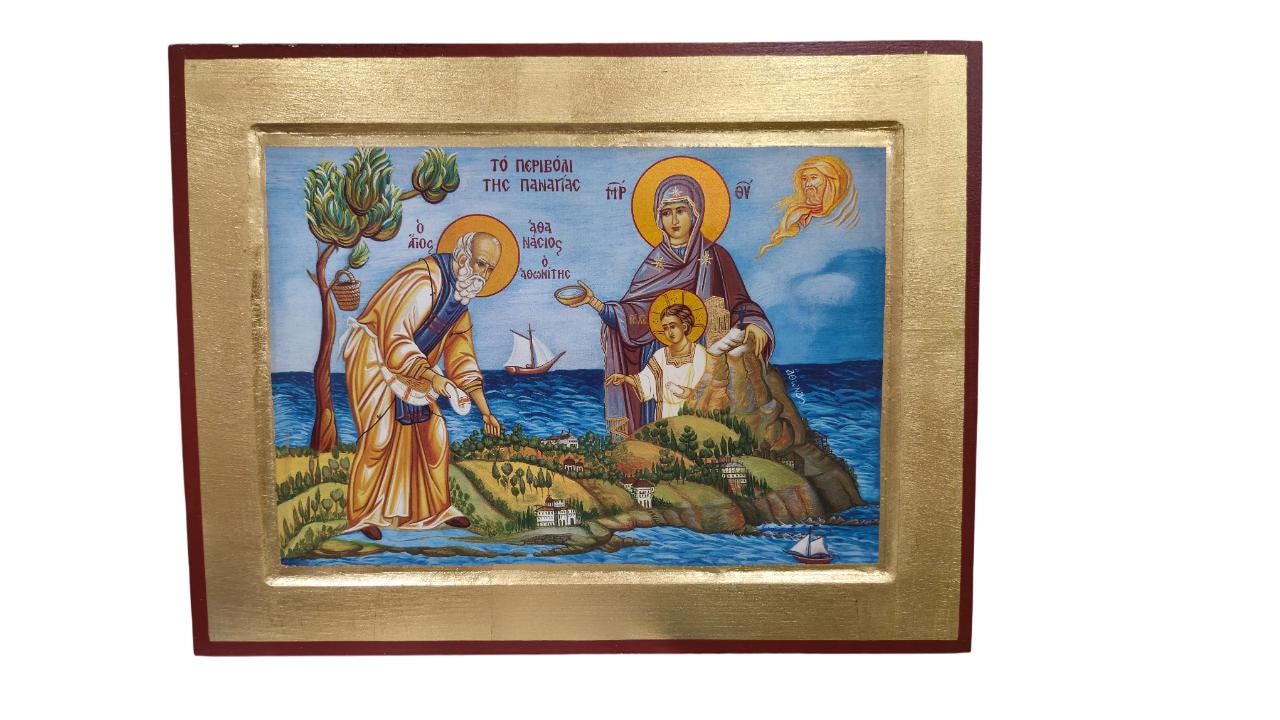 12 1/4" Mount Athos Monasticism Icon St. Athanasios the Athonite Greek Orthodox Wall Icon Theotokos Jesus Blessing Gold Leaf Art 31cm