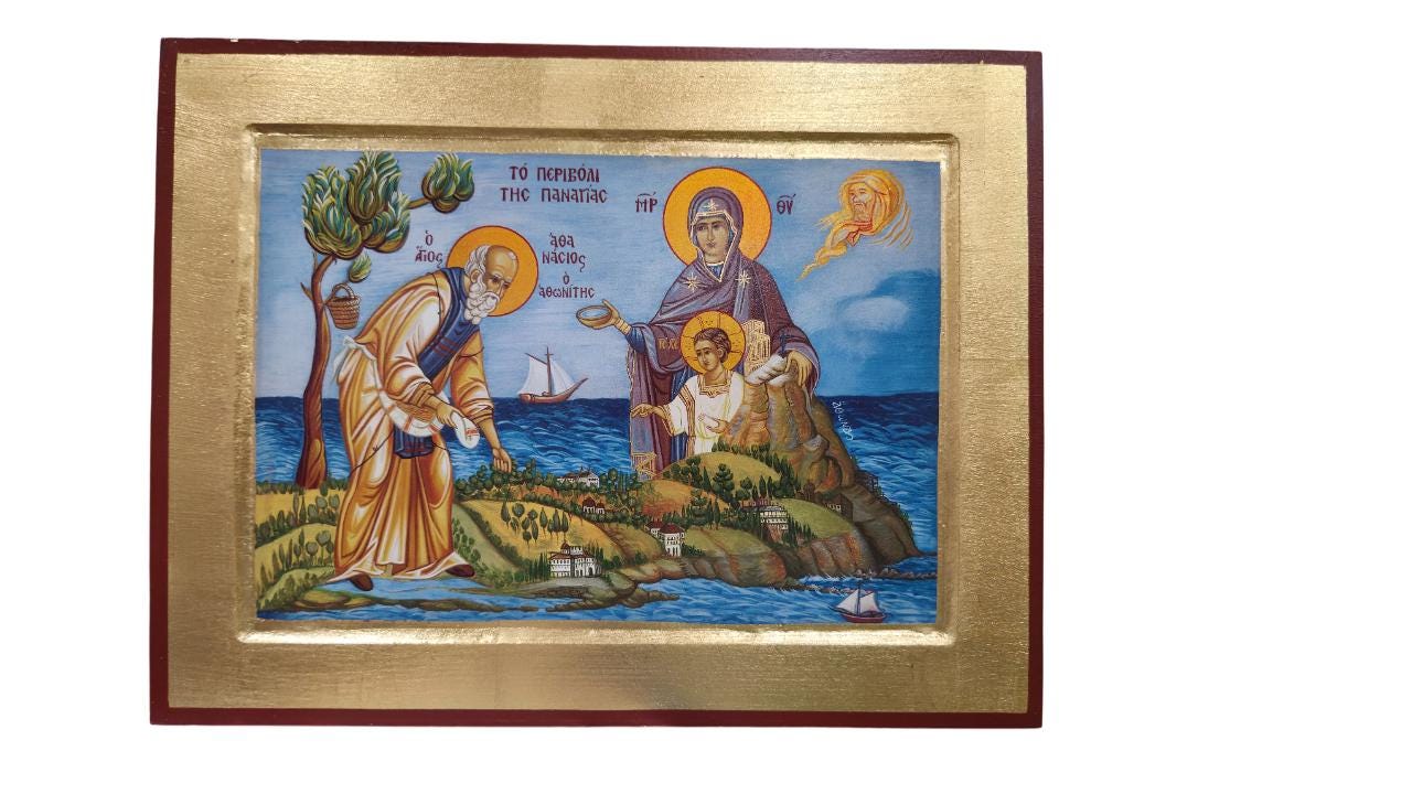12 1/4" Mount Athos Monasticism Icon St. Athanasios the Athonite Greek Orthodox Wall Icon Theotokos Jesus Blessing Gold Leaf Art 31cm