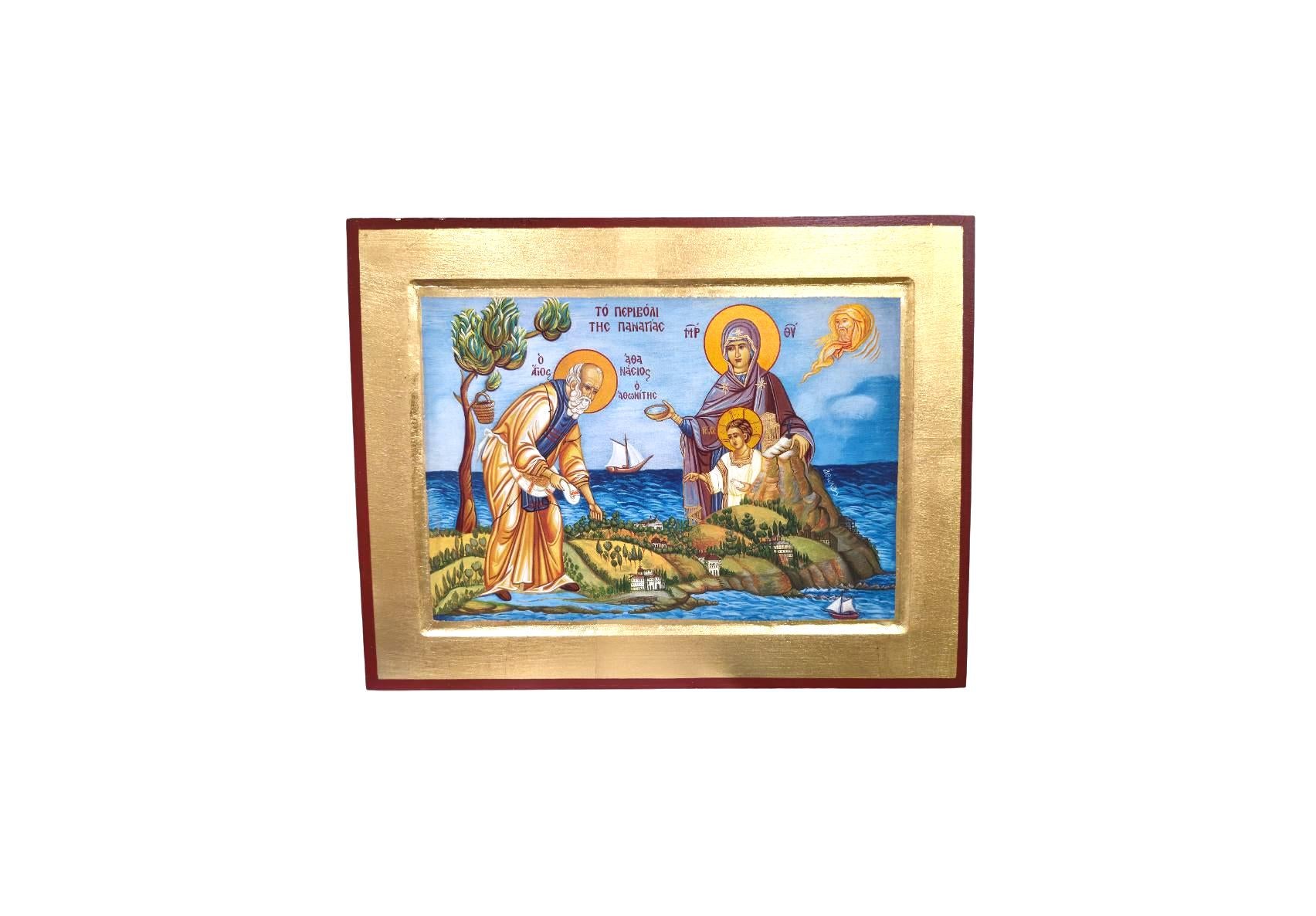 12 1/4" Mount Athos Monasticism Icon St. Athanasios the Athonite Greek Orthodox Wall Icon Theotokos Jesus Blessing Gold Leaf Art 31cm