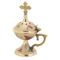 Brass Handpainted Handmade Censer with Cross Grapes & Vine Design Standing 5x3.25” Beige Red Green – Engraved Greek Orthodox Incense Burner