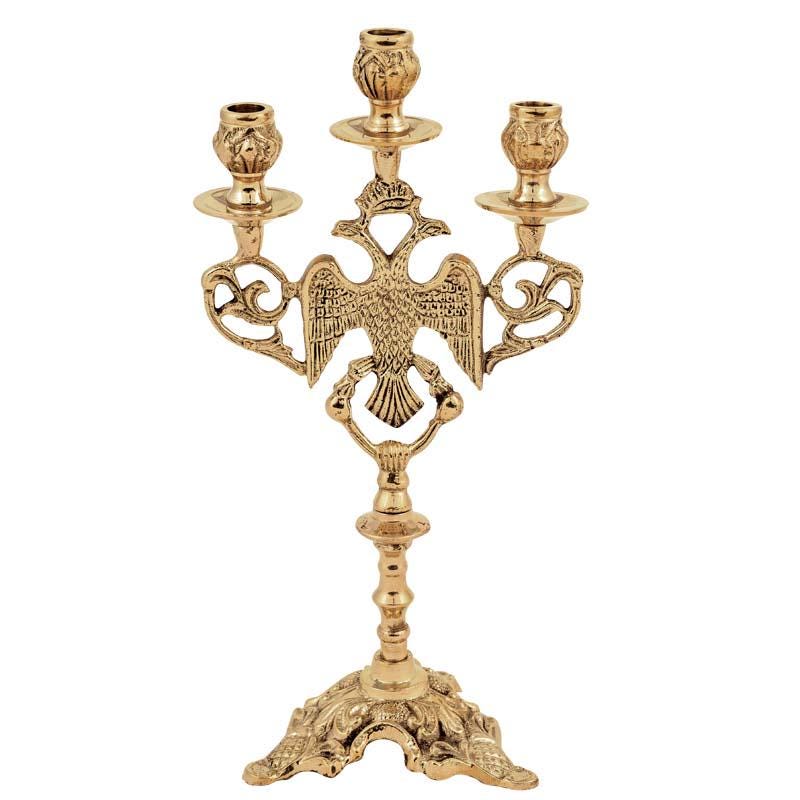 Brass 3 Candle Holder Byzantine Double-Headed Eagle Greek Altar Prayer Corner Candleholder for Beeswax Paraffin Candles 11mm Candle Diameter