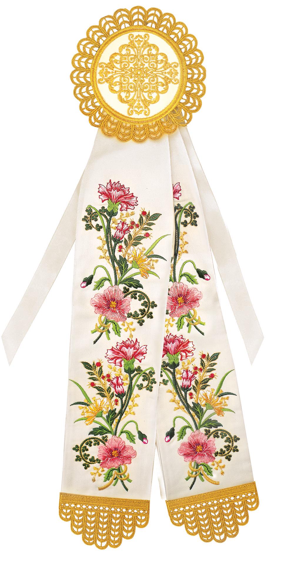 Greek Orthodox Dikerotrikeron Ribbon – 25" White with Floral Embroidery, Gold Thread, Cross Top, Church Altar Wall Decoration 65cm