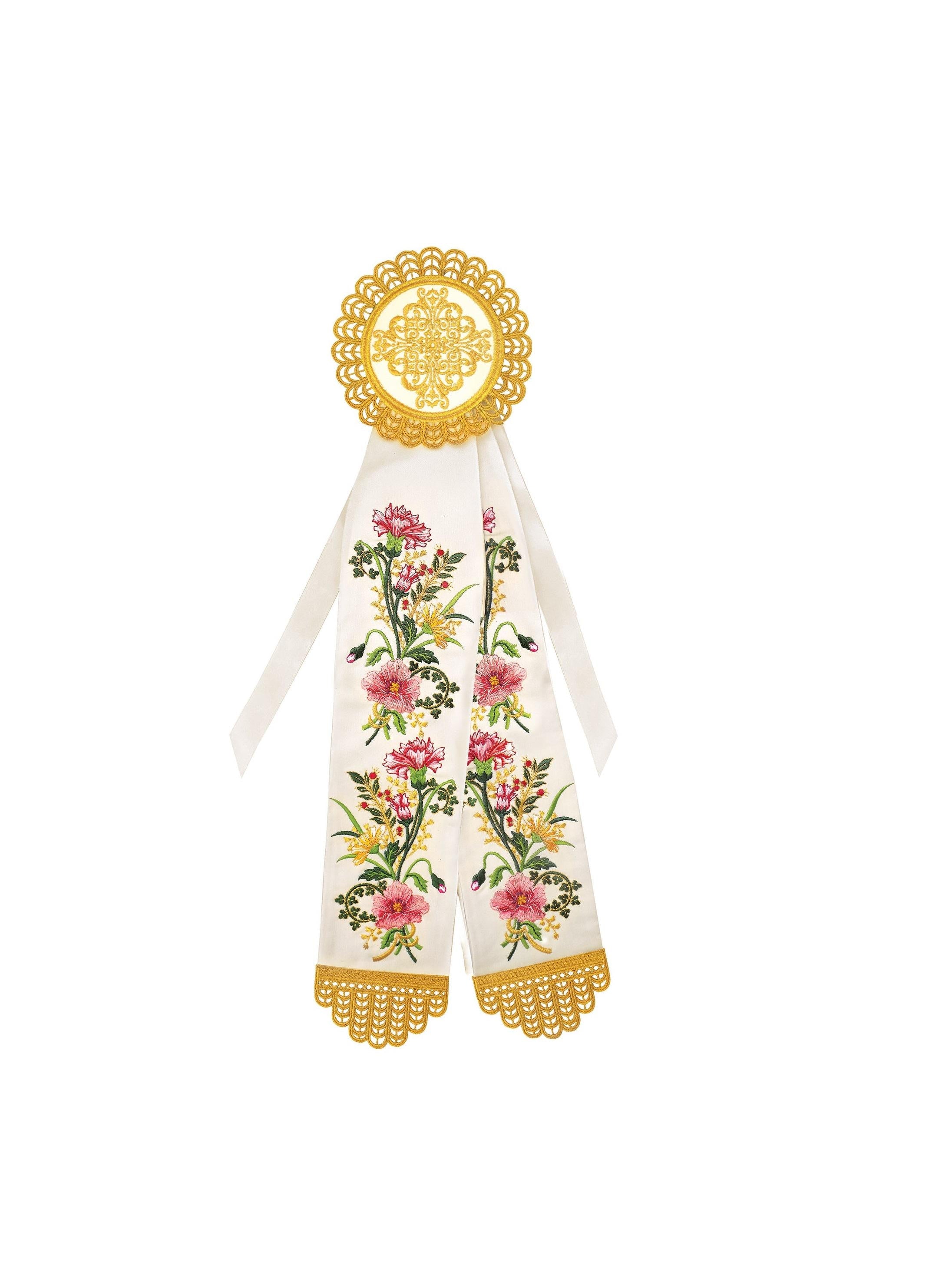 Greek Orthodox Dikerotrikeron Ribbon – 25" White with Floral Embroidery, Gold Thread, Cross Top, Church Altar Wall Decoration 65cm
