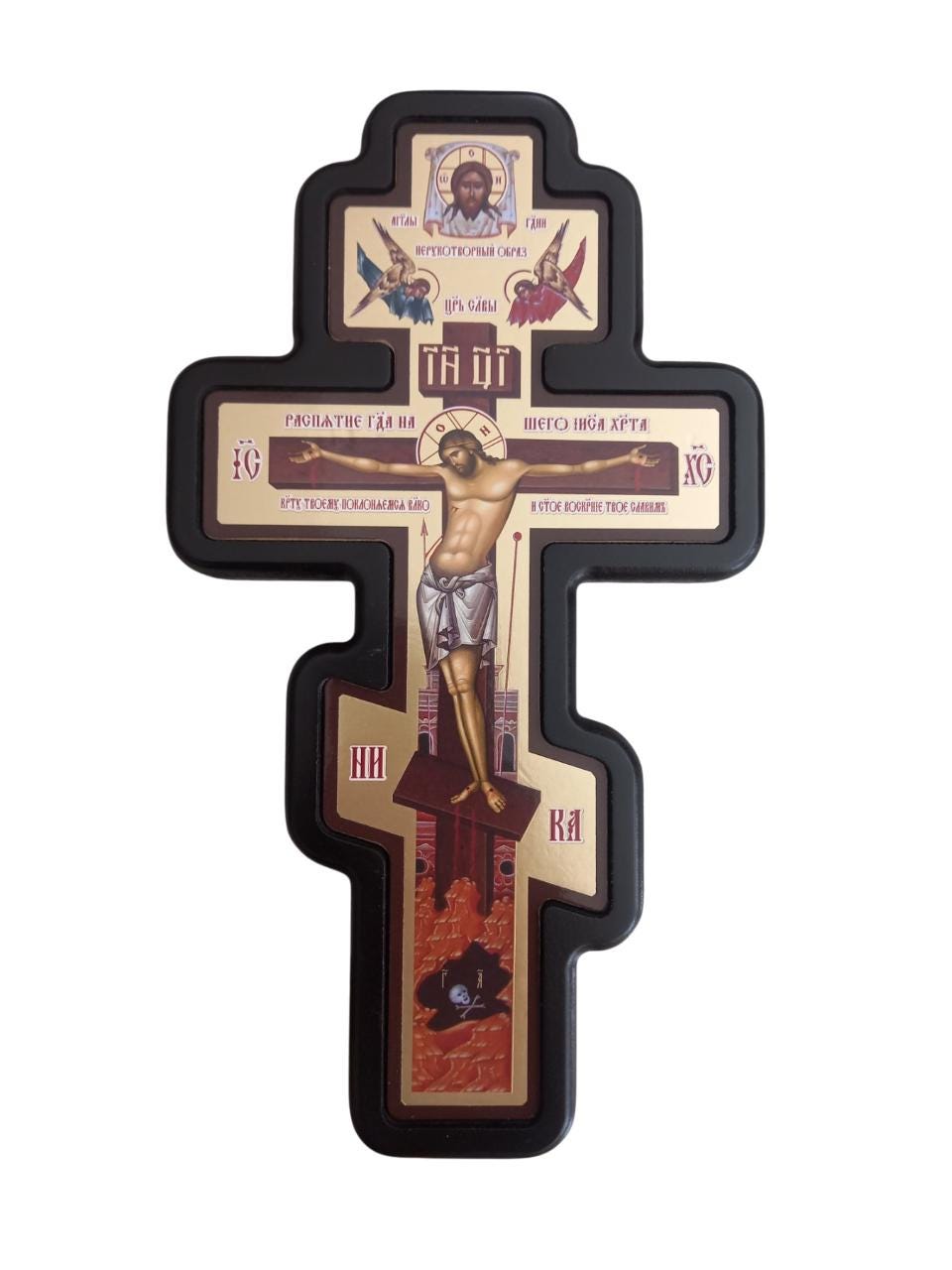 Slavonic MDF Wall Cross Black Wood Crucifixion Byzantine Gilded Icon Mandylion Angels Prayer Corner Altar Russain Orthodox Cross