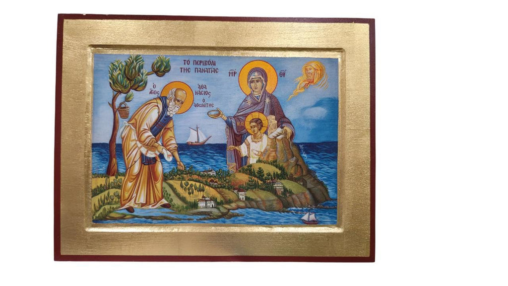 12 1/4" Mount Athos Monasticism Icon St. Athanasios the Athonite Greek Orthodox Wall Icon Theotokos Jesus Blessing Gold Leaf Art 31cm
